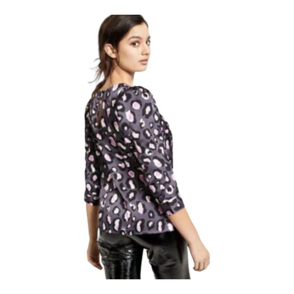 Bar III Women's Cheetah-Print 3/4 Puff-Sleeve Top Buttons Scoop Neck Size XXS - Picture 2 of 6